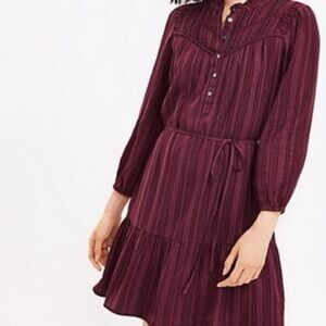 LOFT Burgundy Tiered Small Checkered Ruffle Dress Women’s Size Large, NEW Tags